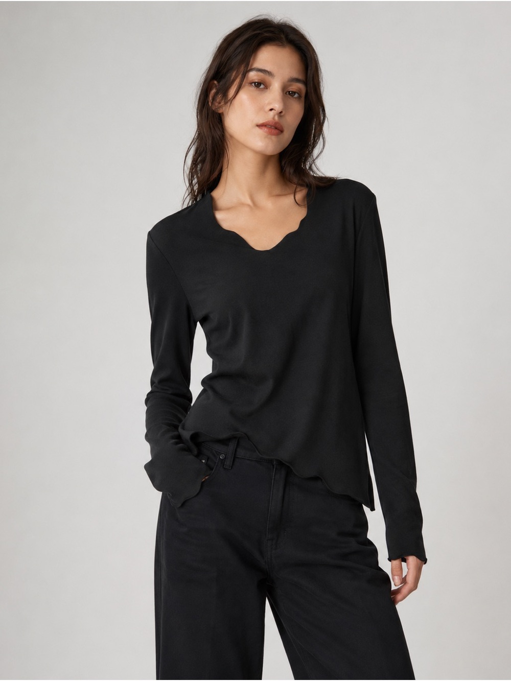 JNBY Black Asymmetrical Wavy Hem Long Sleeve Top | Size L